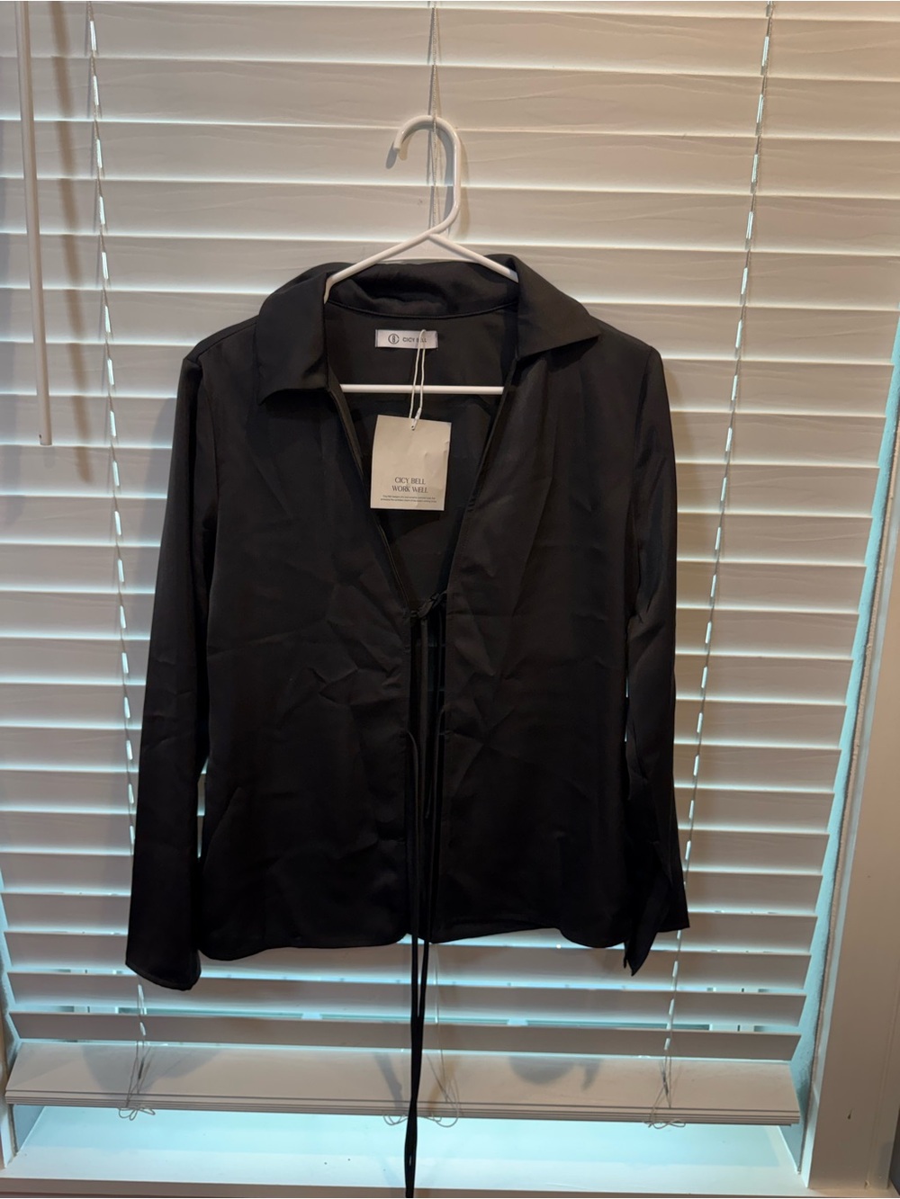Black satin blouse with front ties